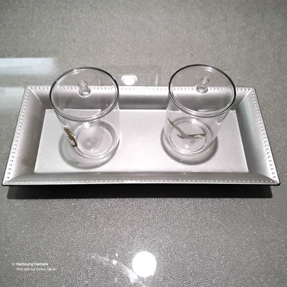 Bathroom Vanity Mattt Silver Tray, 2 Ocean Themed Q-Tip, Cotton Ball Containers - Picture 4 of 8